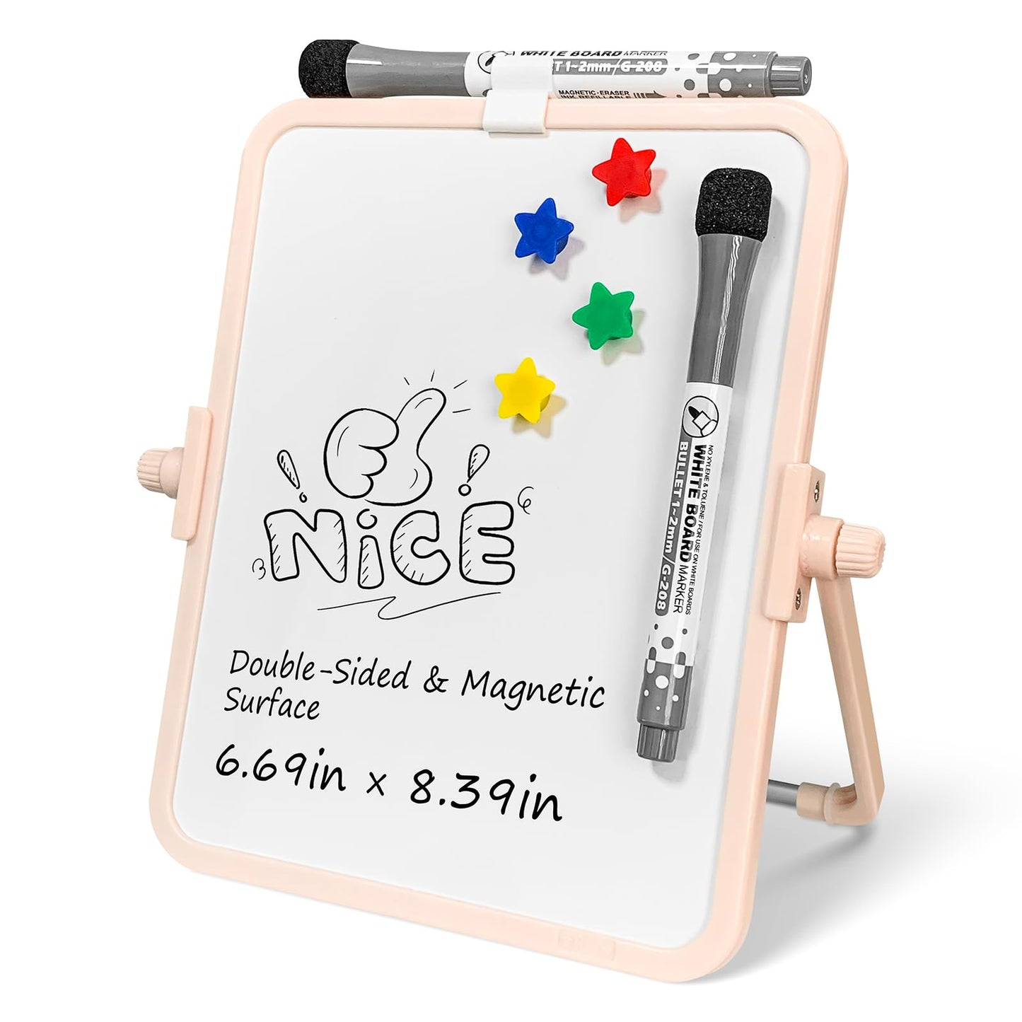 FUNISKETCH Colorful Dry Erase White Board 6.7x8.4in, Magnetic Desktop Board with Stand, 2 Markers (Eraser Head), 4 Magnets - Double-Sided Easel for Daily Planning, Memo, Office/Home/School (Pink)