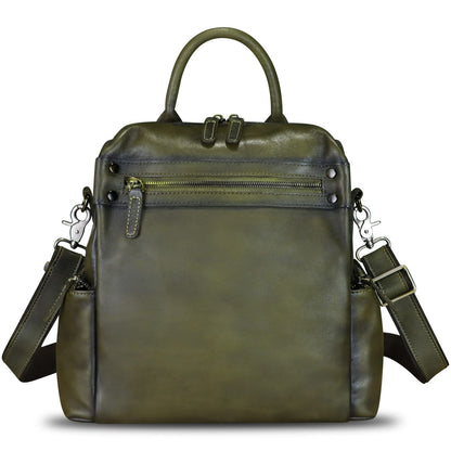 Genuine Leather Backpack Purse for Women Vintage Casual Daypack Knapsack Handmade Rucksack Convertible Shoulder Bag (Green) Medium