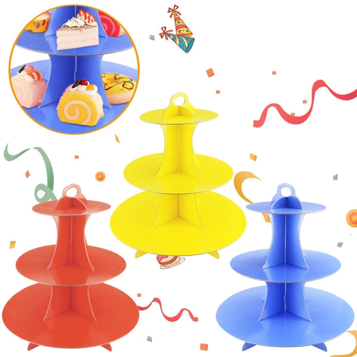 Faxco 3 Pack Cupcake Stand, 3-Tier Colorful Round Cardboard Cup Cake Tower Dessert Holder Stand, Reusable Pastry Serving Platter Food Display, Birthday Wedding Special Event Decoration
