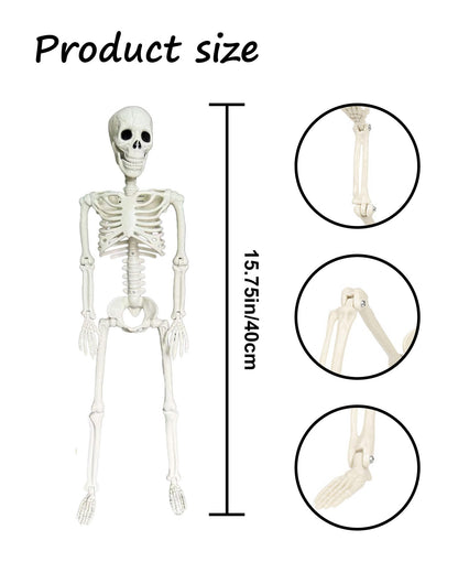 16" Poseable Halloween Skeleton Decor Realistic Bone Textured Plastic with Skull Hook, Hanging Decor for Spooky House & Graveyard Scenes