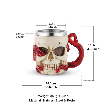 Skull Octopus Tentacle Beer Mug for Men Women Stainless Steel Resin Cthulhu Gothic Mug, Suitable for Halloween, Horror Lovers and Dark Decoration