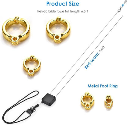 6.6Ft Bird Leash, with 13 Different Size Foot Ring Retractable Anti-Bite Parrot Harness, Bird Flight Training Rope for Budgies,Cockatiels,Psittacula Longicauda,Mini Macaws（Luxury Gold Color）