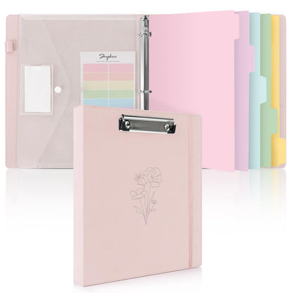 SKYDUE Pink 3 Ring Binder with Clipboard,1 Inch Linen Binder for 3 Hole Punch Letter Size Loose Leaf Paper with 5 Dividers, Pocket and Labels School and Office Supplies