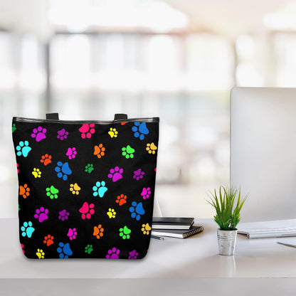 KOBLEN Dog Paw Print Canvas Tote Bag Reusable Grocery Shopping Bags for Women Beach Travel Storage Handbag with Zipper Portable Shoulder Bag