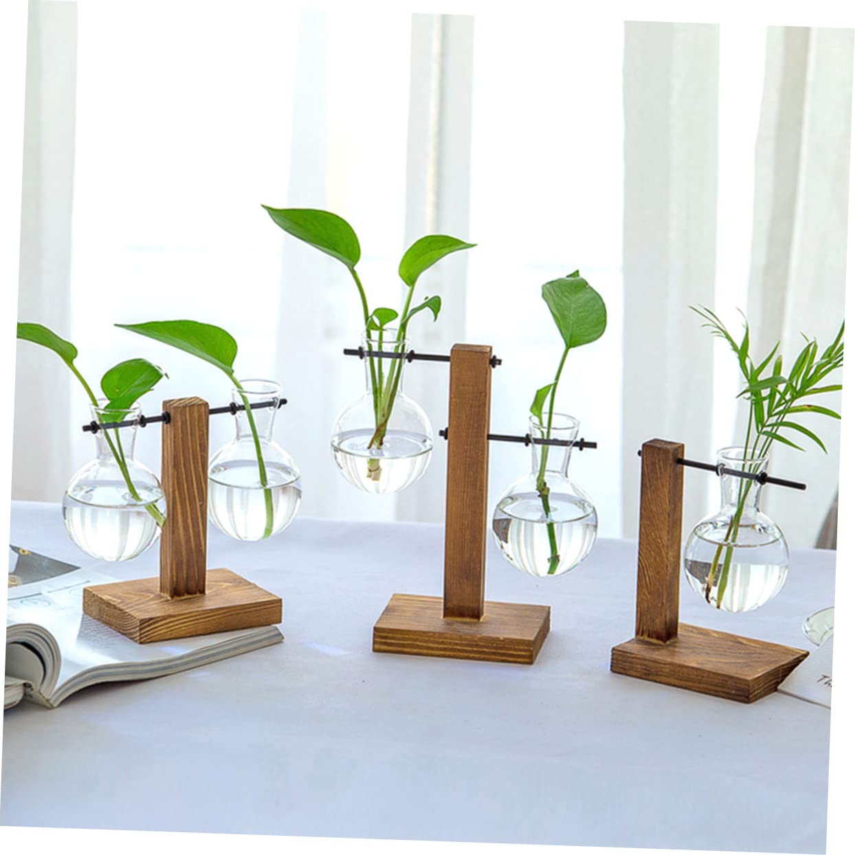 UPKOCH 2pcs Hydroponic Glass Vase with Wooden Stand Modern Terrarium Planter for Home Office Decoration Clean Sanitary Plant Display Elegant Desktop Ornament