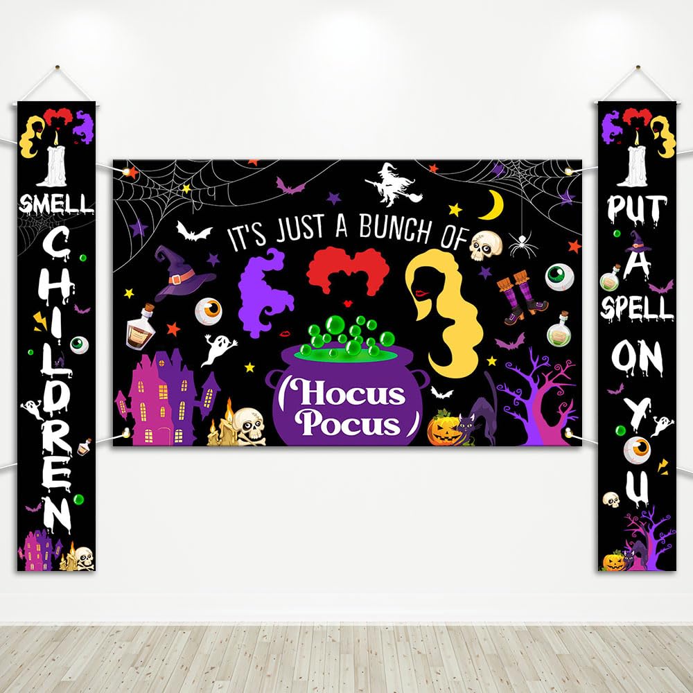 Avezano Halloween Decorations 3Pcs Hocus Pocus Door Banner Witches Door Cover Hocus Pocus Halloween Baby Shower Decorations Indoor Outdoor