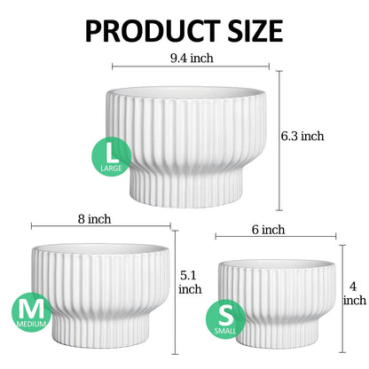 OXART Ceramic Pots for Plants, 9.4+8+6 Inch Flower Pots, Set of 3, Large Planters with Drainage Hole, Stylish Round Flower Pot for Home, Garder and Office, Gifts for Mom, White
