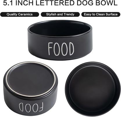 Ceramic Dog Bowls Set of 2 - Weighted Dog Dishes with Food & Water Lettering for Cats and Small Dogs, Food Grade Pet Bowl, Dishwasher & Microwave Safe (5.1 inch, 2 * 16oz, Black)