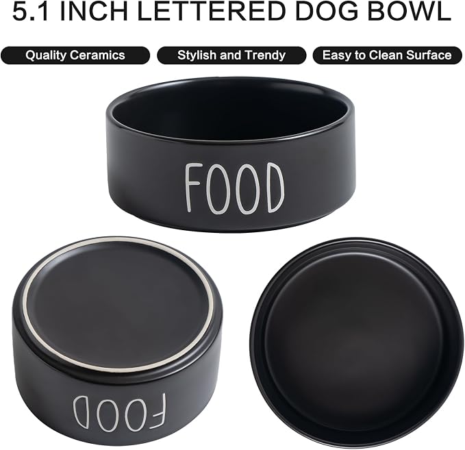 Elevated Ceramic Dog Bowls Set - Food & Water Lettering Raised Dog Bowl with Non-Slip Bamboo Stand for Cats and Small Dogs, Weighted Dogs Dishes Pet Bowls (5.1 inch, 2 * 16oz, Black)