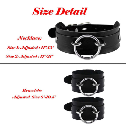 Tosmifairy Black Wide Soft Faux Leather Collar Choker Adjustable Thick PU Necklace and Bracelets Set for Women Men,Circle Ring Charm (Adjusted Neck: 17-21 Inches)