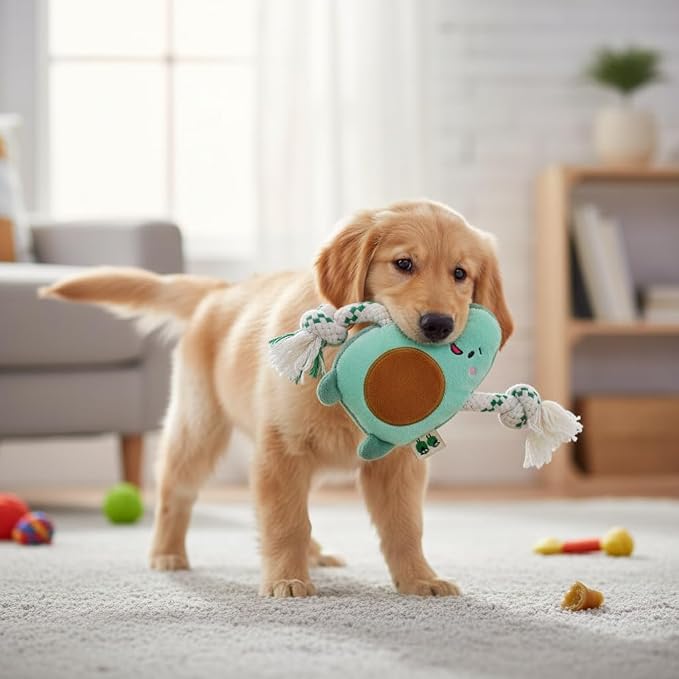 Green Sheep Puppy Plush Dog Toy, No Stuffing Squeaky Toy with Recycled Cotton Rope for Teething, Comfort and Gentle Play, Small Dogs and Puppies, Avacado