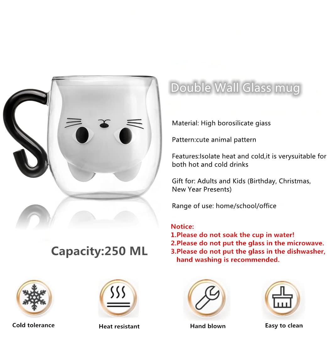 Phitihui Cat Mugs, Double Wall Glass Cute Coffee Tea Cup, Graduation Valentines Mothers Day Easter Halloween Christmas Gifts for Women Wife Mum Her Girl Teacher Friend, Birthday Present Idea