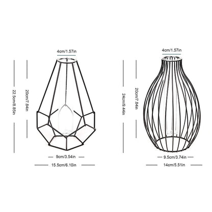 Metal Frame Vase Geometric Glass Flower Vase, Lantern Shape Glass Test Tube Vase, Modern Creative Clear Tube Glass Planter Terrariums with Geometric Metal Stand for Decor Office Home (Golden B)