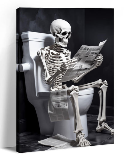 Canvas Wall Art Bathroom Decor Skeleton Sitting on Toilet Reading the Newspaper Picture Funny Skull Painting Modern Artwork for Home Decor Framed(Art-1,16.00"x24.00")