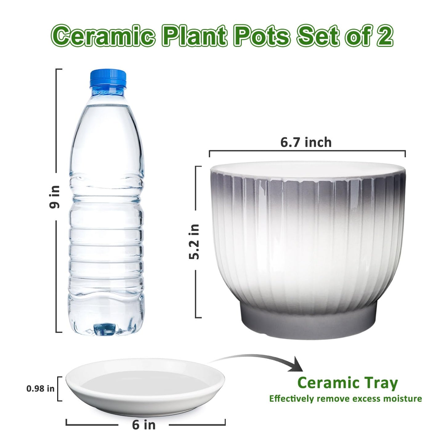 YUFDA Ceramic Plant Pots,6.7 Inch,Set of 2,Planters with Drainage Hole and Saucer,Flower pots for Indoor Plants,Modern Design(Gray+White)