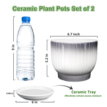 YUFDA Ceramic Plant Pots,6.7 Inch,Set of 2,Planters with Drainage Hole and Saucer,Flower pots for Indoor Plants,Modern Design(Gray+White)