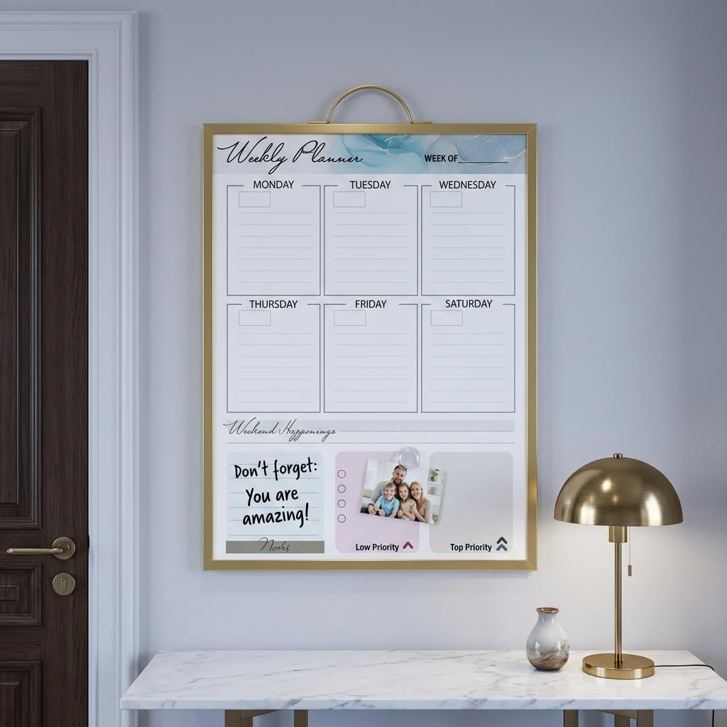 Lulu Office Magnetic Dry Erase Board 12x16 with Handle, Double Sided Portable Gold Whiteboard for Home, Office, School & Kitchen, Includes Weekly & Monthly Magnetic Planner Sheets
