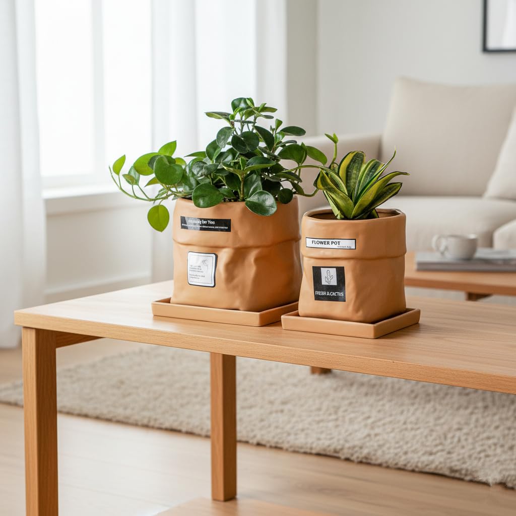 Nihow Ceramic Plant Pot: 6 Inch Planter with Drainage Hole & Square Saucer for Herbs/Plants, Bag Shape Design Flower Pot for Indoor & Outdoor Garden Decor - Terracota