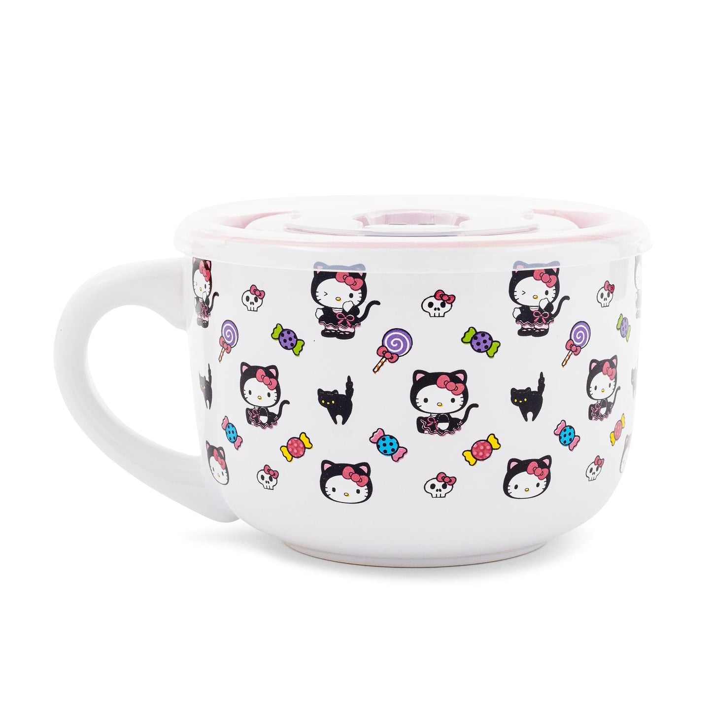 Silver Buffalo Sanrio Hello Kitty Black Cat Ceramic Soup Mug with Vented Lid For Ice Cream, Cereal, Beverages | Holds 24 Ounces