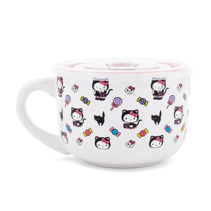 Silver Buffalo Sanrio Hello Kitty Black Cat Ceramic Soup Mug with Vented Lid For Ice Cream, Cereal, Beverages | Holds 24 Ounces