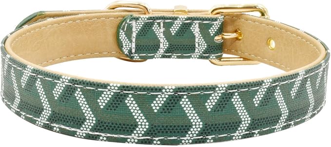 Leather Dog Collar and Leash Set, Check Pattern Dog Collar Leashes Metal Buckle Adjustable Durable for Small Medium Large Dogs (Green, L(14.5-18.5IN))