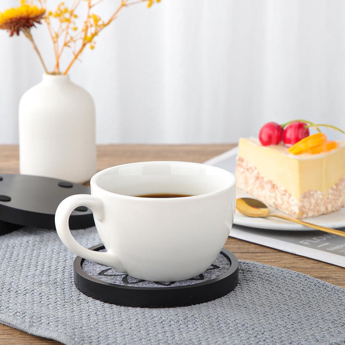 LiWiBet Elegant Black Wood Coasters with Gray Felt & Holder Non Stick, Absorbent Drink Coasters Set of 6 4.33in Rustic Wooden Coaster for Coffee Tabletop Protection Suitable for Kinds of Cups