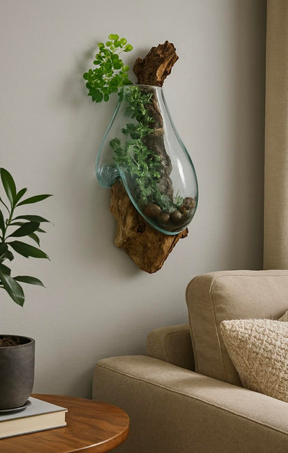 OMA Handcrafted Molten Glass on Driftwood Wall Planter Vase – Unique Hanging Terrarium & Decorative Sculpture – Rustic Coastal Wall Art for Succulents, Air Plants, Indoor Décor - Artisan Boho Gift