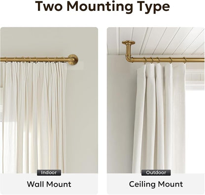 Zeerobee Curtain Rods for Windows 48 to 84, 1 Inch Industrial Wrap Around Warm Gold Curtain Rod, Indoor/Outdoor Room Divider Adjustable Drapery Pole, 48"-86"