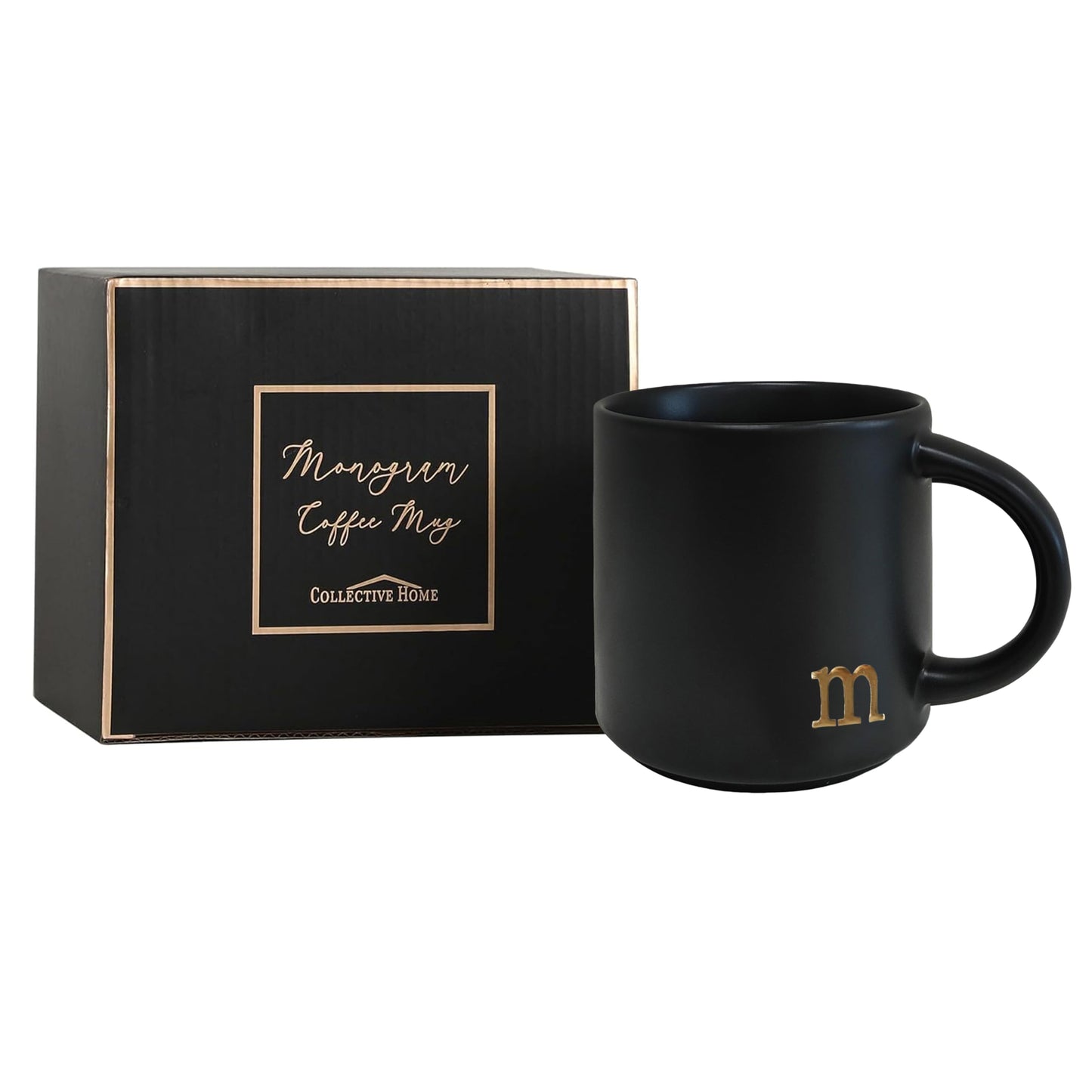 COLLECTIVE HOME - Black Monogram Ceramic Mugs, 15 oz Golden Initial Coffee Cups, Elegant Alphabet Tea Mugs, Personalized Halloween Mug with Gift Box, Perfect for Office and Home Décor (m)