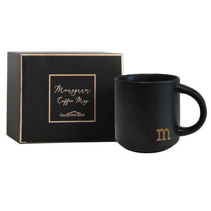 COLLECTIVE HOME - Black Monogram Ceramic Mugs, 15 oz Golden Initial Coffee Cups, Elegant Alphabet Tea Mugs, Personalized Halloween Mug with Gift Box, Perfect for Office and Home Décor (m)