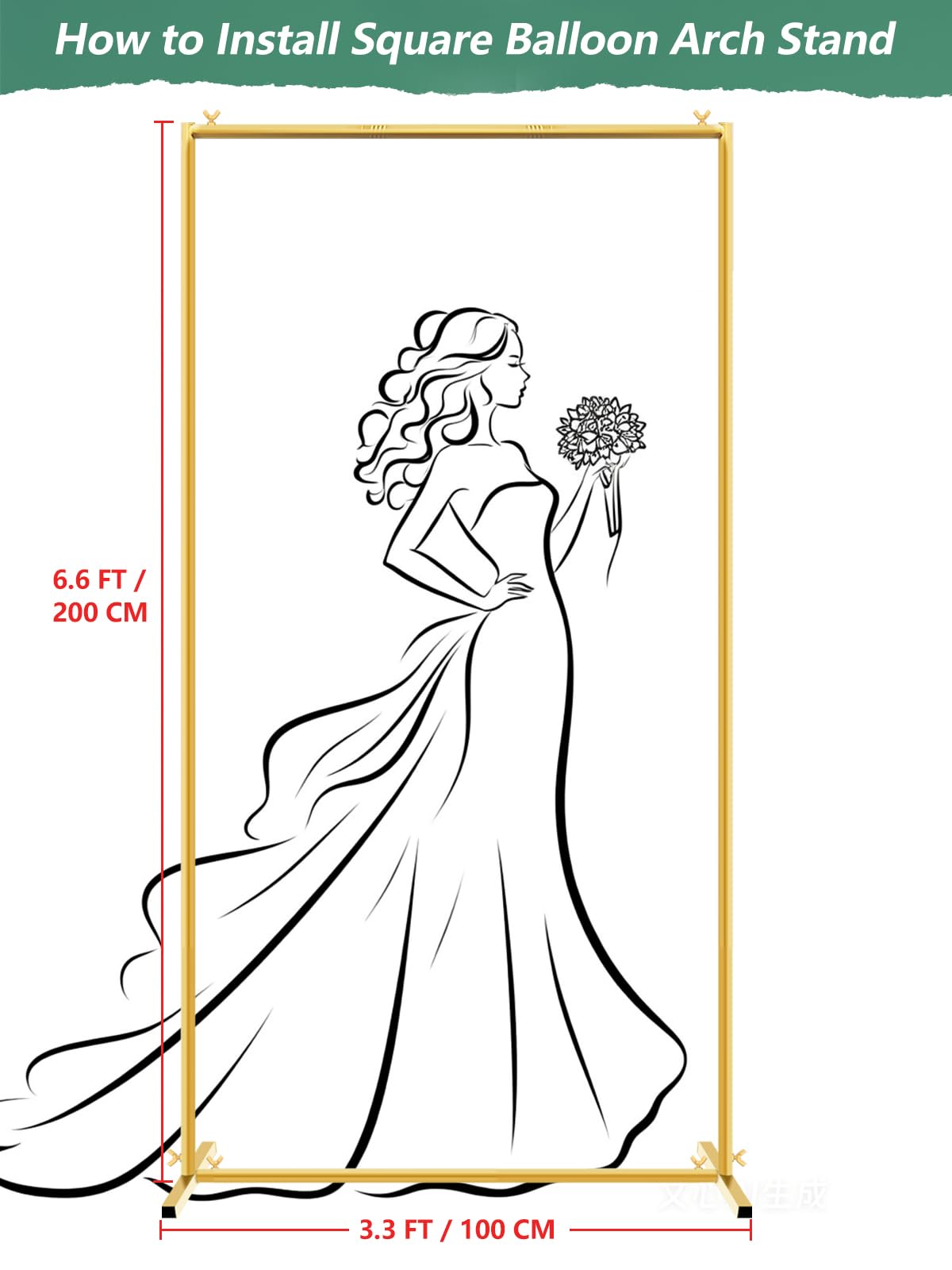 JEBUTU Gold Wedding Arch Backdrop Stand, 6.6 * 3.3FT Square Backdrop Stand Balloon Flower Metal Frame for Ceremony, Anniversary, Party, Birthday,Baby Shower Photo Booth Decoration