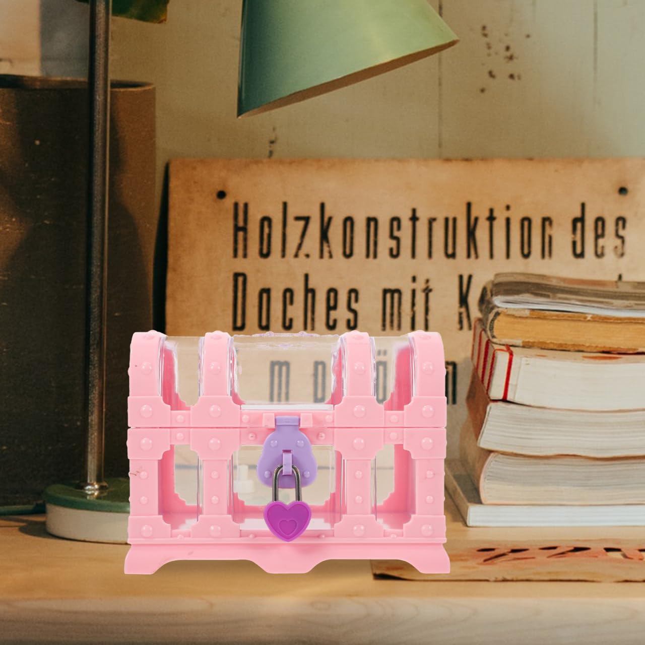 Pirate Treasure Chest, Pink Plastic Jewelry Princess Box Clear Treasure Box with Lock Girls Souvenir Storage Organizer Small Favor Display Container for Girl Boys Keepsake Trinket Gemstone (5.3×4")