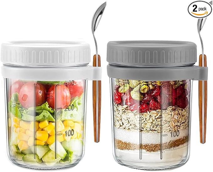 Overnight Oats Container - Yogurt Oatmeal Glass Canning with Lids and Spoon, 10 oz Cereals, Milk, Fruit Salad, with Measurement Marks (White+grey)