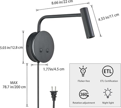 Matte Black Wall Mounted Reading Light, 4000K Flexible Headboard Reading Sconces with On Off Switch Control, Plug in/Hardwired Wall Light Fixtures with Night Light for Bedside Bedroom Bunk