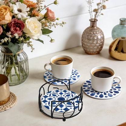 ANATTASOUL Ceramic Coasters Set of 6 with Holder Blue Abstract Patterns Absorbent Drink Coasters for Home Decor, 4.05" Round Marble Coasters for Coffee Table, Kitchen, Bar Decor Housewarming Gifts