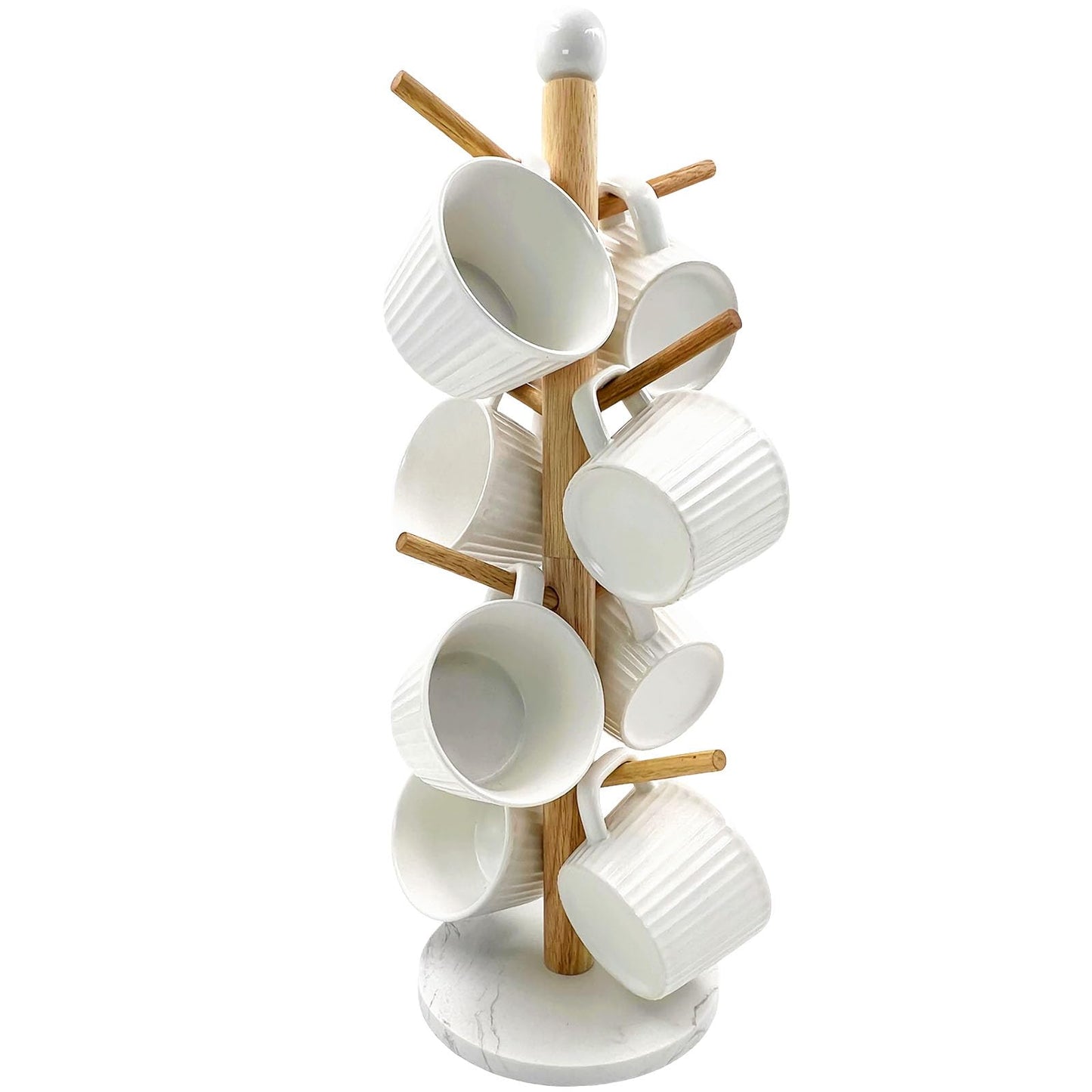 SNAIL GARDEN Screwed-in 8 Hooks Coffee Mug Holder, Marble Bas Mug Tree with Ceramic Handles, Wooden Coffee Cup Rack, Cup Stand for Counter Bar Accessories and Decor