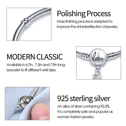KUNSIR 925 Sterling Silver Snake Chain Bracelet with Love Round Buckle Charm Bracelets for Women Teen