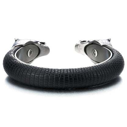 COOLSTEELANDBEYOND Mens Steel Wolf Head Open Cuff Bangle Bracelet Inlaid with Black Leather Elastic Adjustable