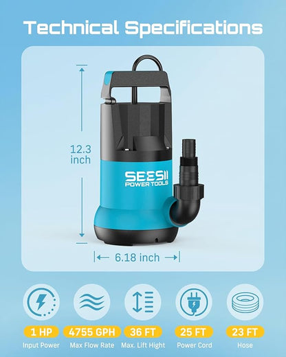SEESII 1HP Submersible Water Pump, 4755GPH High Flow Sump Pump with 23ft Hose Kit, Anti-Clogging Filter Net for Swimming Pool Hot Tub Pond Basement Rooftop Garden Water Removal