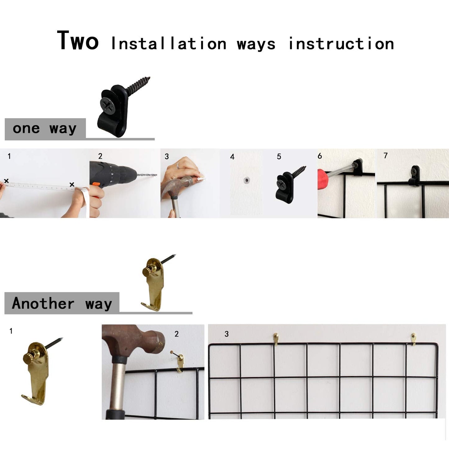 FRIADE Wall Grid Panel for Photo Display,Wall Storage Organizer,5 Metal Clips & 3 S Hooks & 4 Nails & 4 Plastic Hanging Buckles and 4 Screws Offered,Size 17.5" x 11.8"，Set of 2 (Black)