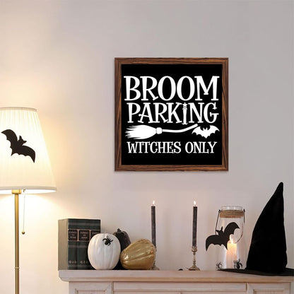 Halloween Broom Parking Only All Others Will Be Toad Wooden Sign, With Frame Witch Broom Plaque Sign for Home Patio, Cafe, Porch Halloween Decor 7.87x7.87 Inch