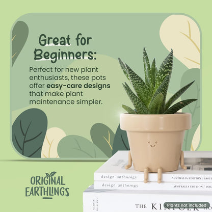 Original Earthlings Sitting Small Plant Pot - 4 Inch Cute Plant Pot - Succulent & Cactus Christmas Planters, Removable Drainage Plug, Cute Decor Plant Gifts for Plant Lovers, Teacher Gifts