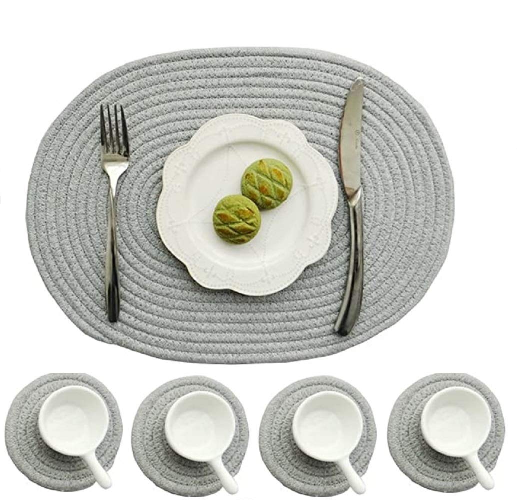 WENFOME 4 Pack Oval Woven Placemats, Gray Cotton Rope Braided Placemats with 4 Pack Round Fabric Coasters, Heat-Resistant Non-Slip Cotton Table Mats Charger Plates for Table Decoration (Gray)