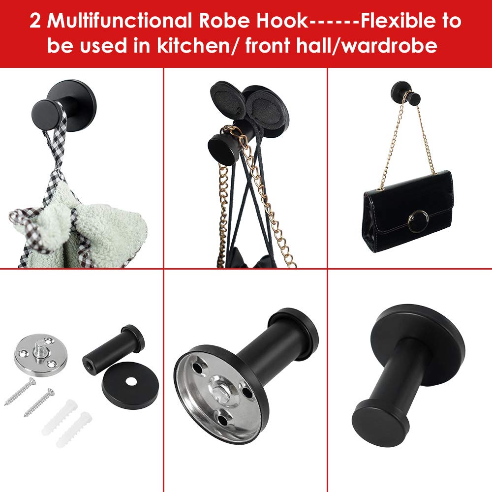Vanloory Bathroom Towel Hooks, 6 Pack Round Coat Hooks, Sturdy Wall Mounted Robe Hook, SUS 304 Stainless Steel Heavy Duty Clothes Hanger, Wall Towel Hooks for Bathroom Bedroom Kitchen (Black)