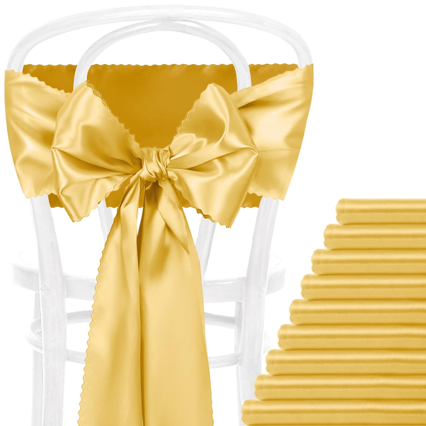 Eychei 12pcs Gold Satin Chair Sashes & Bows, 7x108in Chair Bow Ties for Wedding, Party, Banquet, Restaurant, Hotel Events