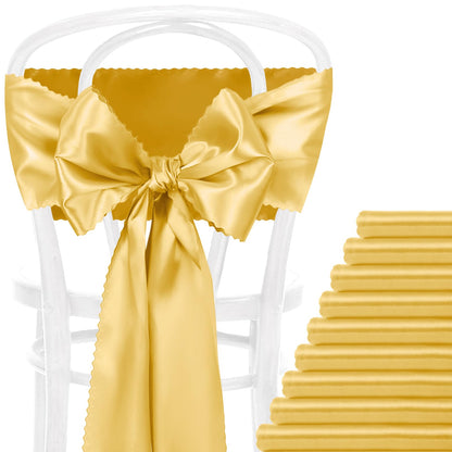 Eychei 12pcs Gold Satin Chair Sashes & Bows, 7x108in Chair Bow Ties for Wedding, Party, Banquet, Restaurant, Hotel Events