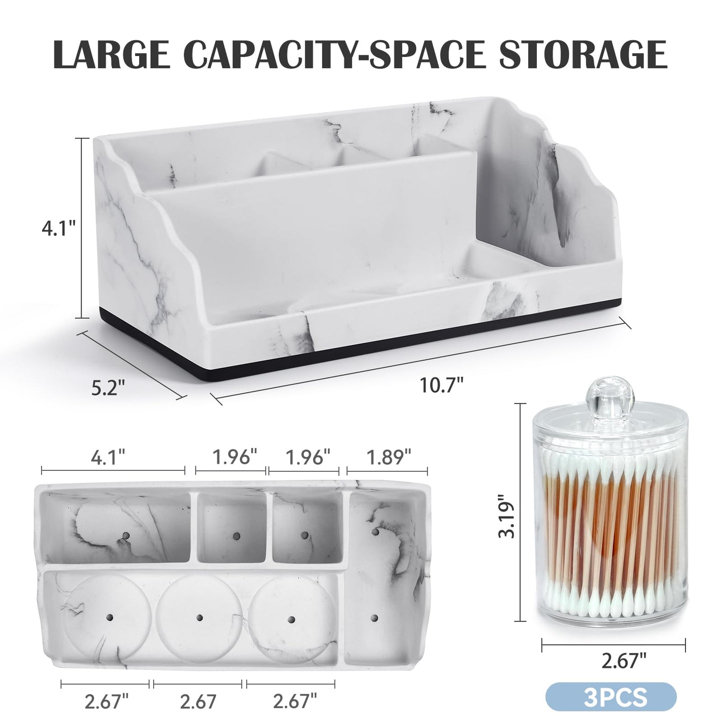 TuCao Bathroom Counter Organizer with 3PCS Qtip Holder, Marble Toothbrush Holders for Bathrooms, Bathroom Organizers and Storage with Drain Holes, Electric Toothbrush Holder, Vanity Organizer
