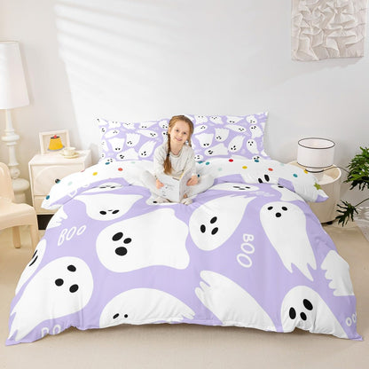 Purple Cartoon Style Duvet Cover Queen Size Halloween Theme Comforter Cover with 2 Pillowcases for Teens Adults Kawaii Ghost Bedding Set 3 Pcs Decorative Bed Cover(No Filler)