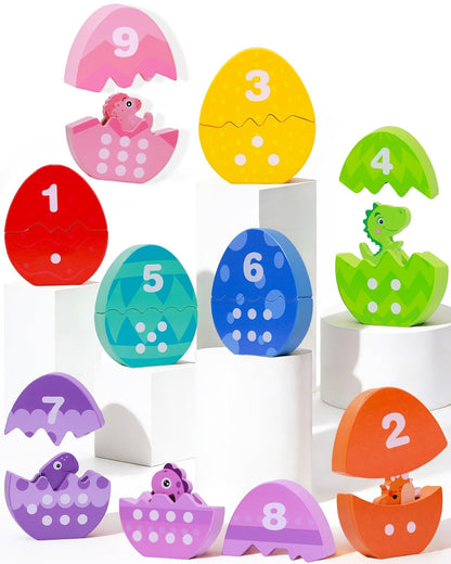 OEUVI Toddlers Learning Toys Wooden Number Counting Montessori Educational Toys Matching Eggs Dinosaur Toys Sorting Fine Motor Games Christmas Birthday Easter Gift for Kids Boys Girls Ages 3+