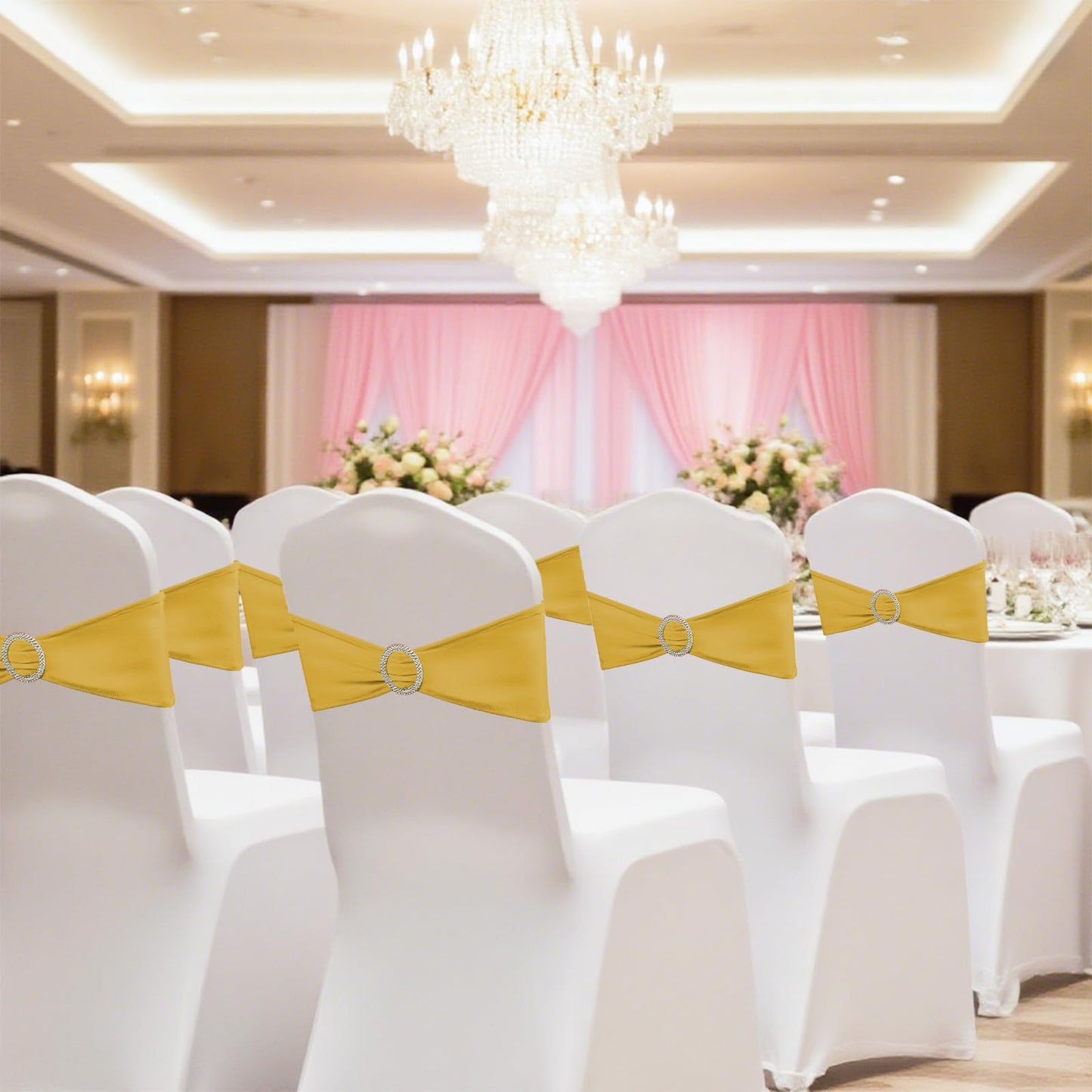 150 Pack Spandex Stretch Chair Sashes Bows, Elastic Stretch Chair Cover Bands Ties with Buckle Slider for Wedding Party Ceremony Reception Event Banquet Decoration (Gold)